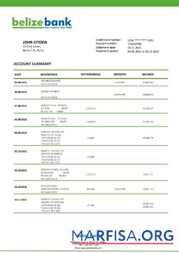 Realistic Belize bank statement word version 2 sample